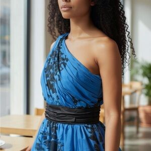 Max & Cleo Blue and Black One-Shoulder Dress